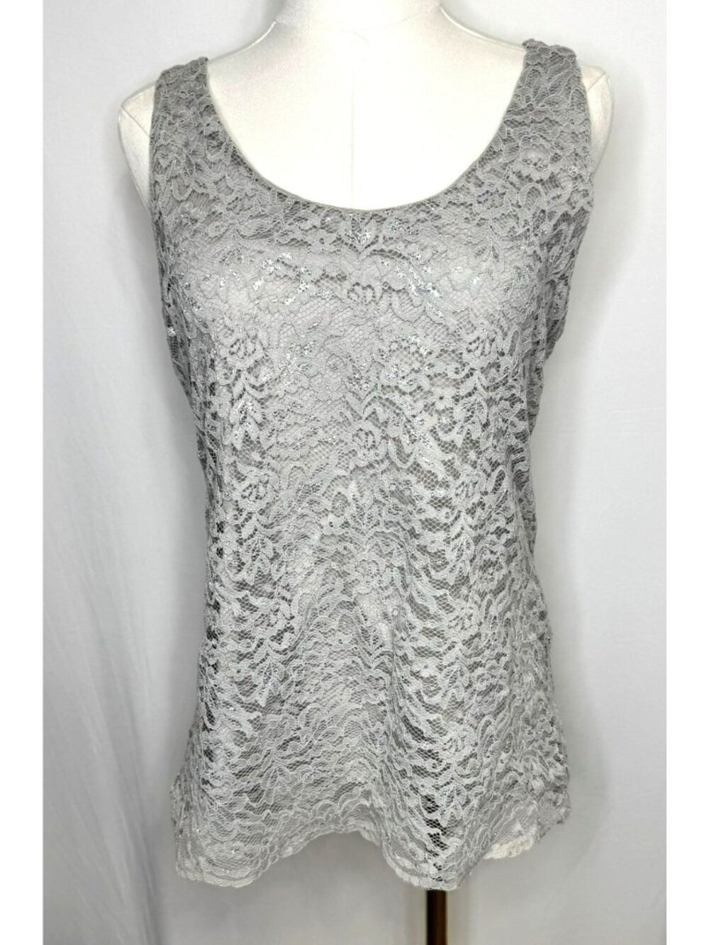 Ann Taylor Loft Gray Lace Sleeveless Top M Medium Metallic Accents Scalloped Hem